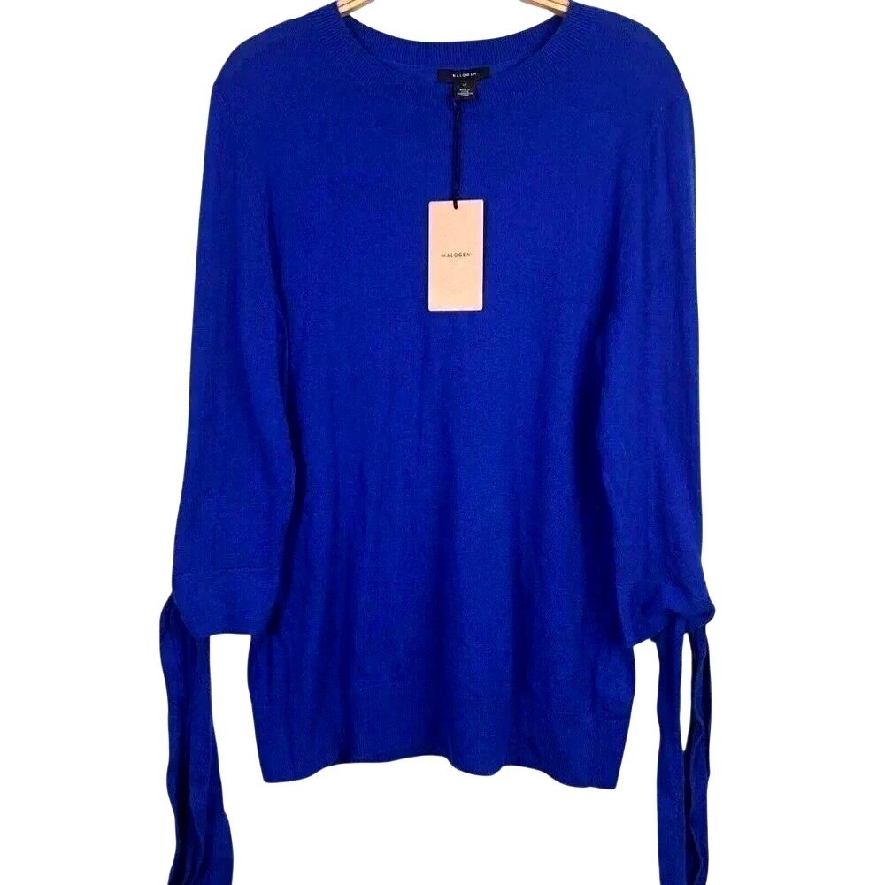 Halogen Sweater Womens XL Bright Blue Tie Cuff‎ Cashmere Blend Contemporary Cozy
